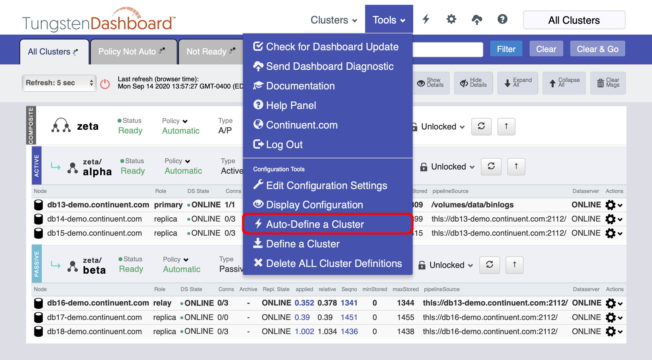 Tungsten Dashboard Auto-Define Menu Option