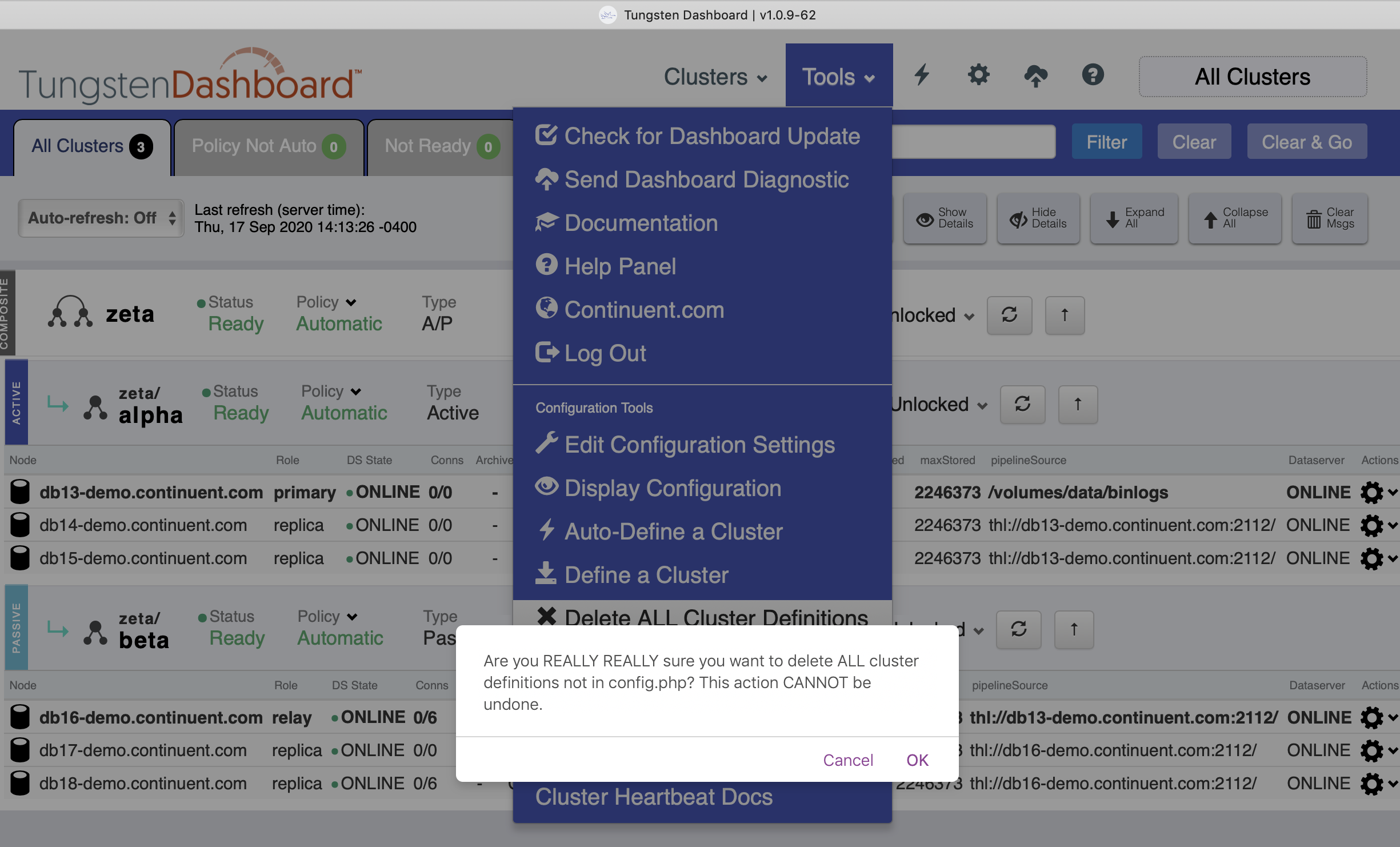 Tungsten Dashboard Delete All Cluster Definitions Second Confirmation Prompt