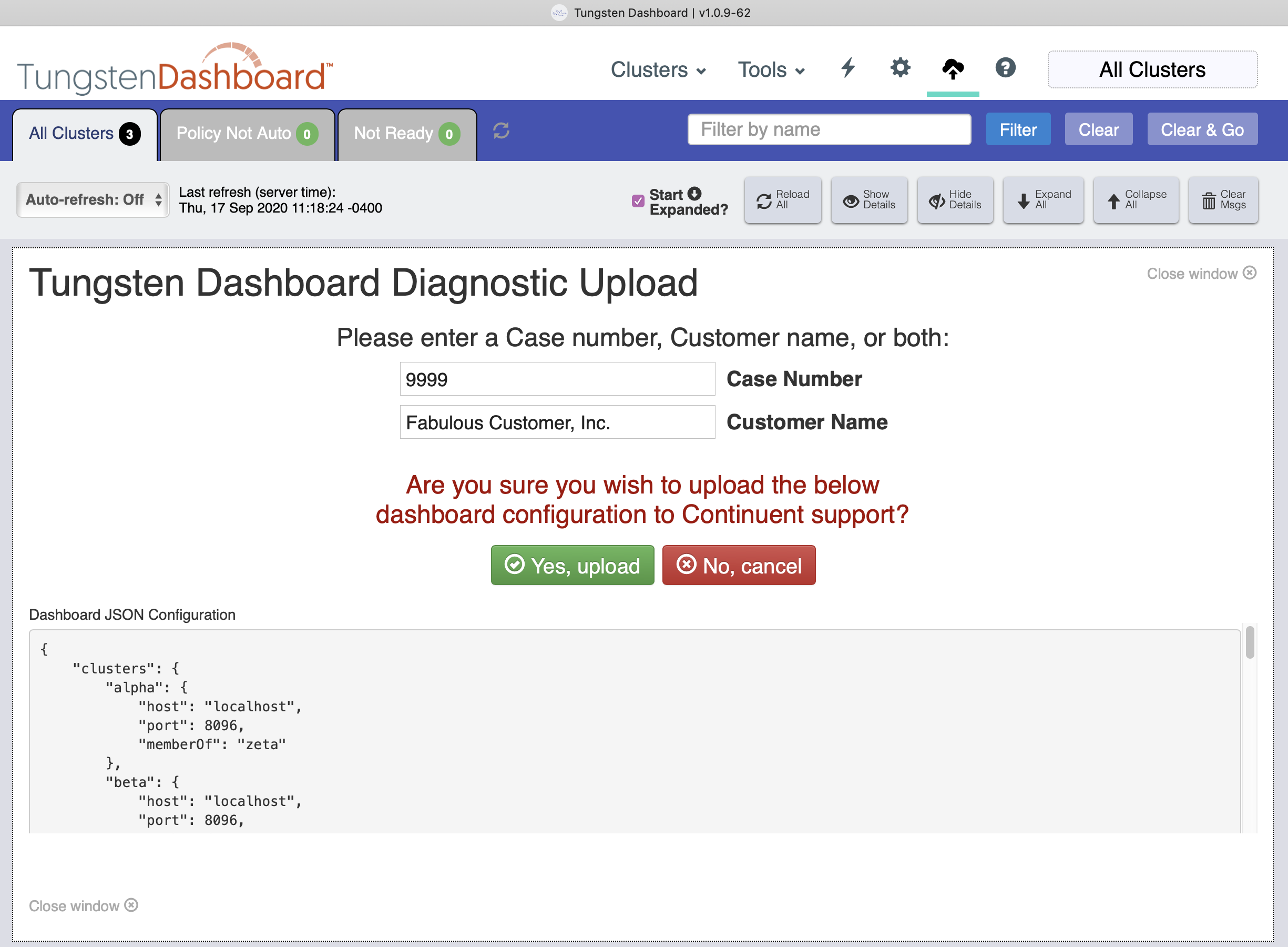 Tungsten Dashboard Send Diagnostic Form