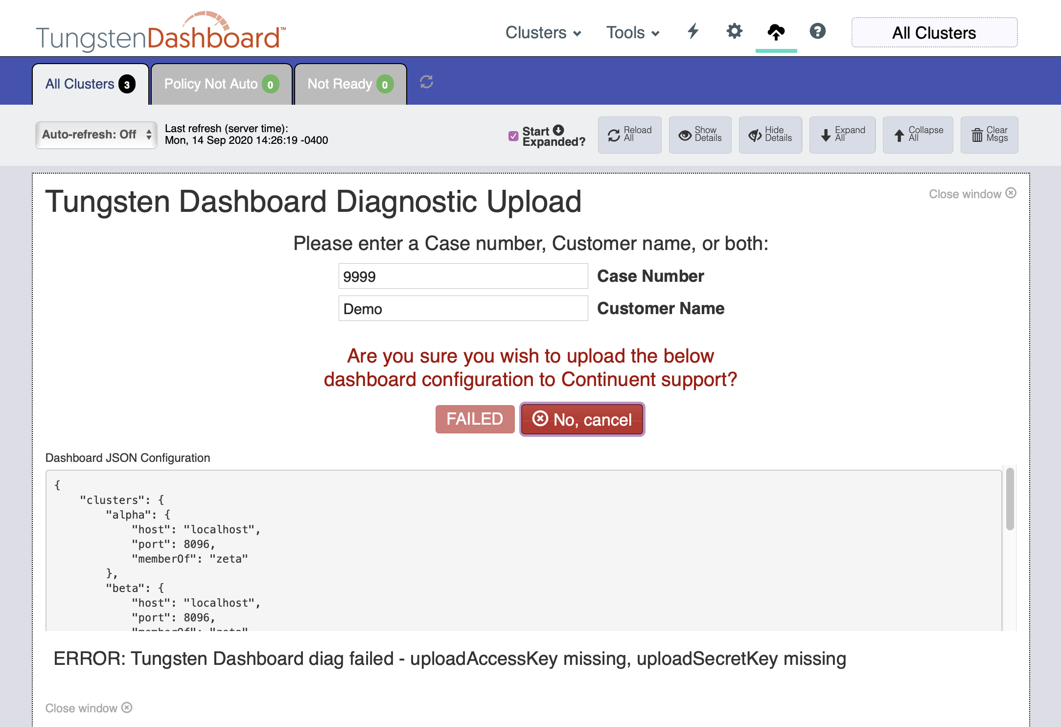 Tungsten Dashboard Send Diagnostic Failure Due to Missing Keys