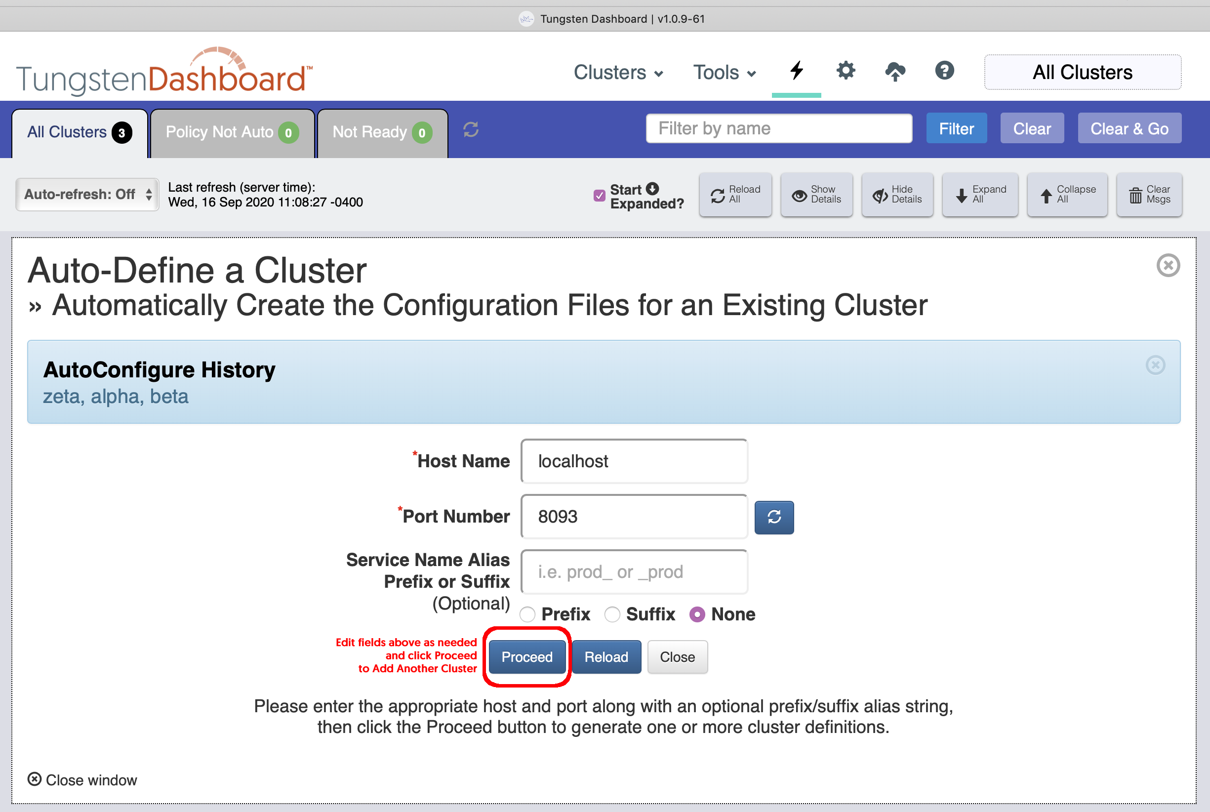 Tungsten Dashboard Auto-Define a Cluster Form after the Refresh button has been clicked
