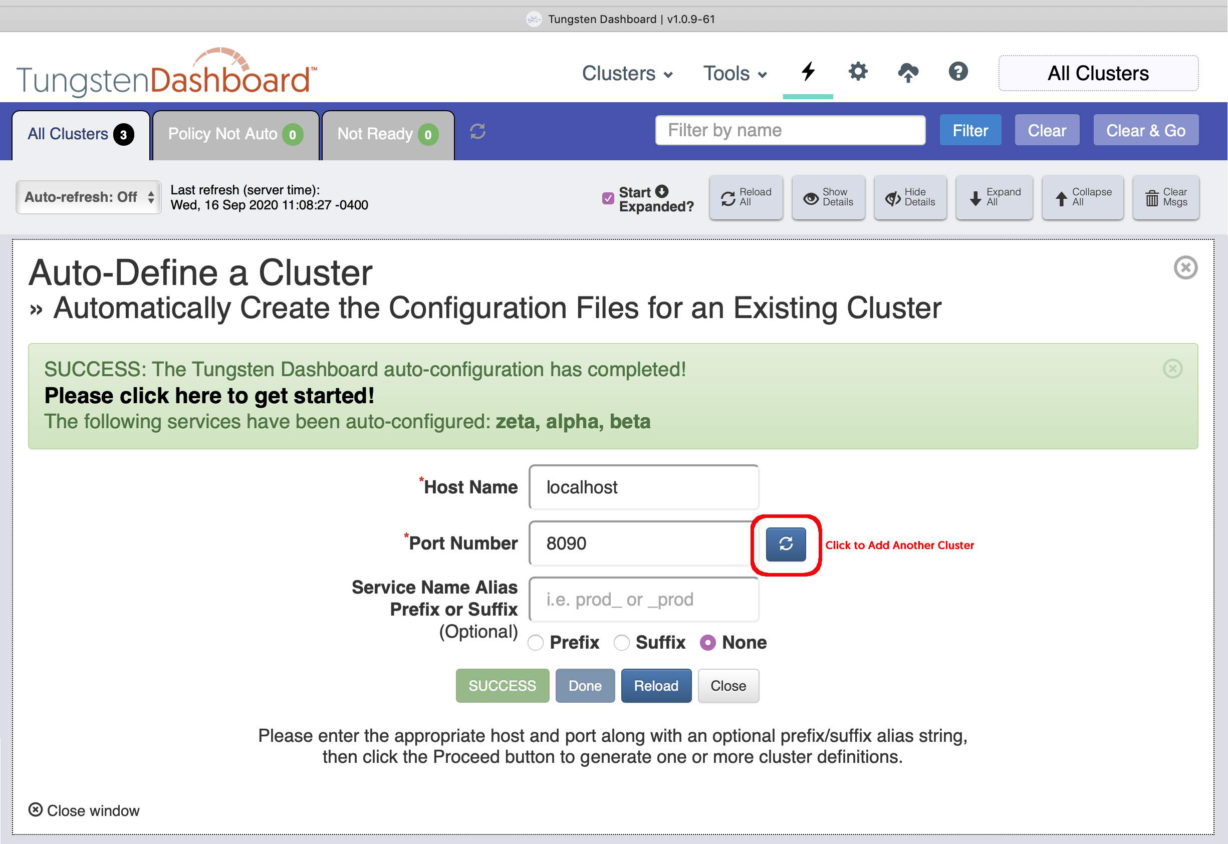 Tungsten Dashboard Auto-Define a Cluster Form Completed