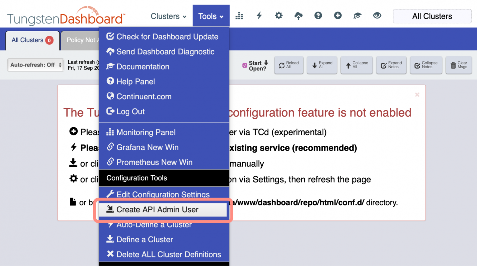 Tungsten Dashboard Create APIv2 Admin User Menu Option