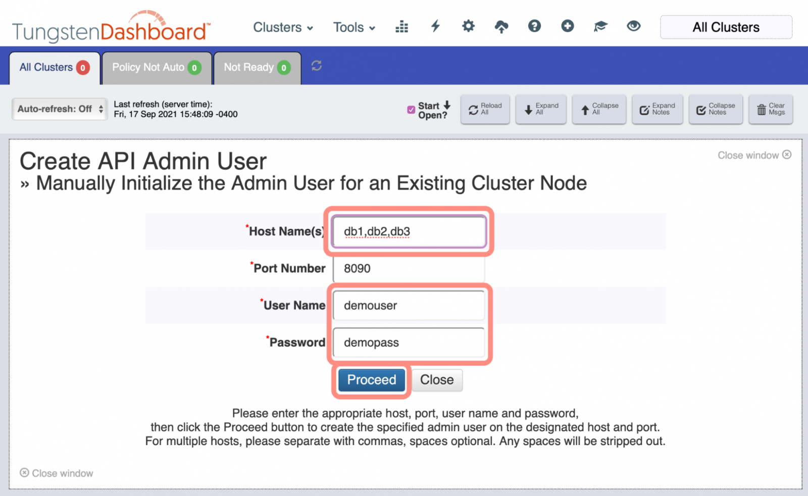 Tungsten Dashboard Create APIv2 Admin User Form