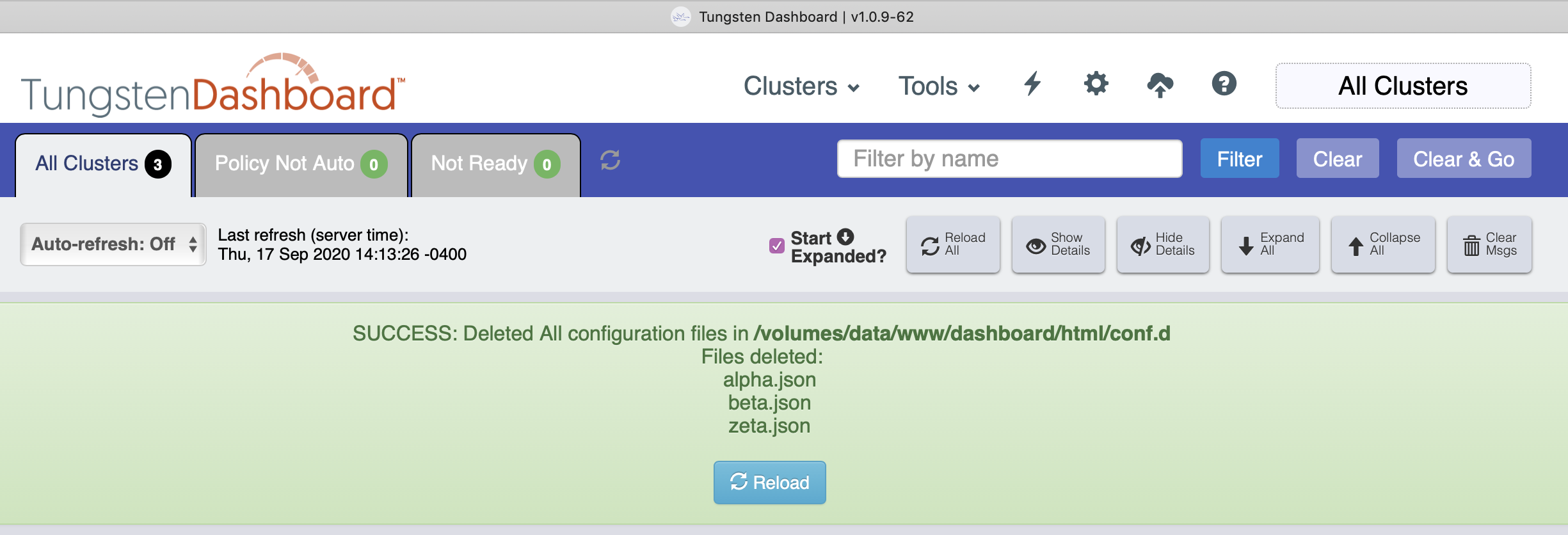 Tungsten Dashboard Delete All Cluster Definitions Success