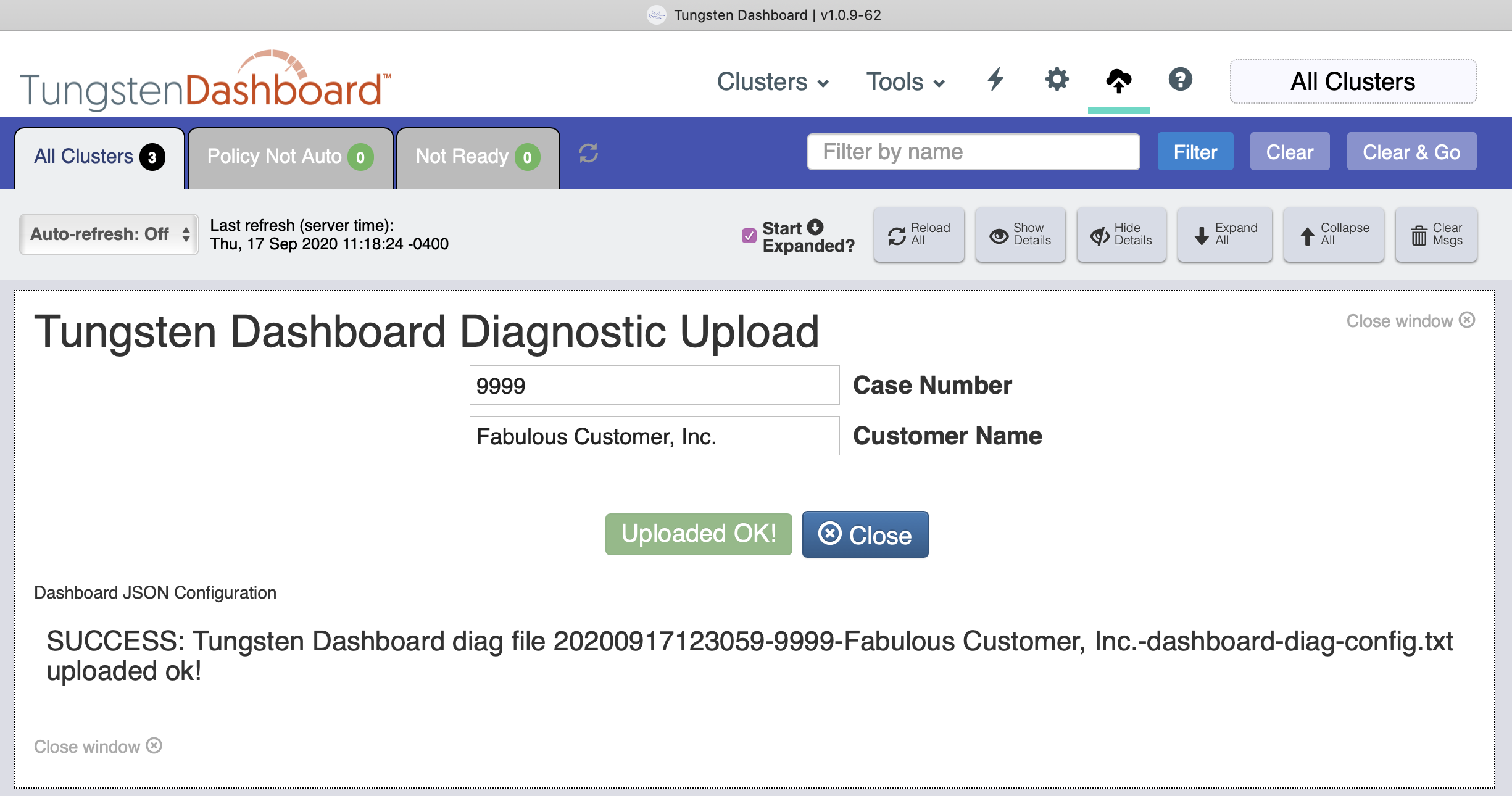 Tungsten Dashboard Send Diagnostic Success